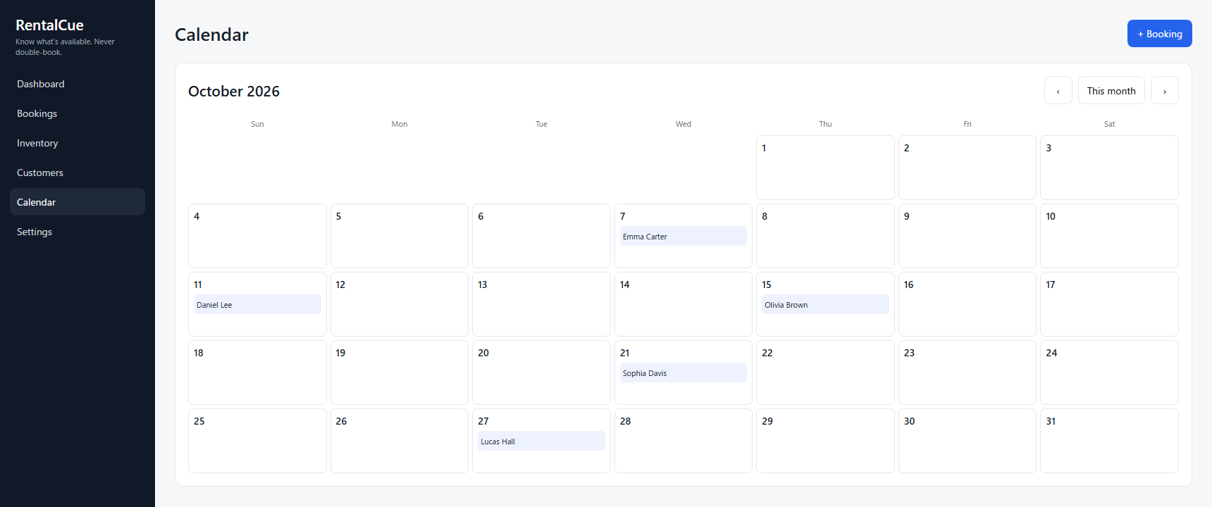 RentalCue Calendar showing October 2026 bookings by customer name.