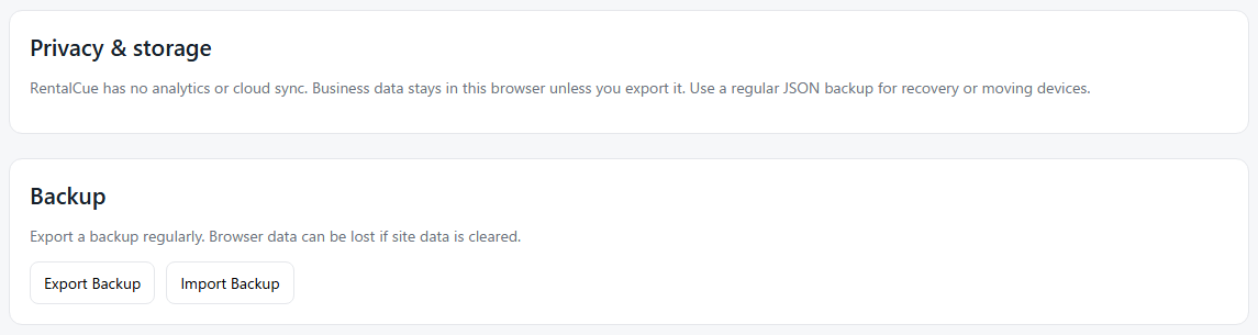 RentalCue Settings: Privacy and storage information, Export Backup and Import Backup.